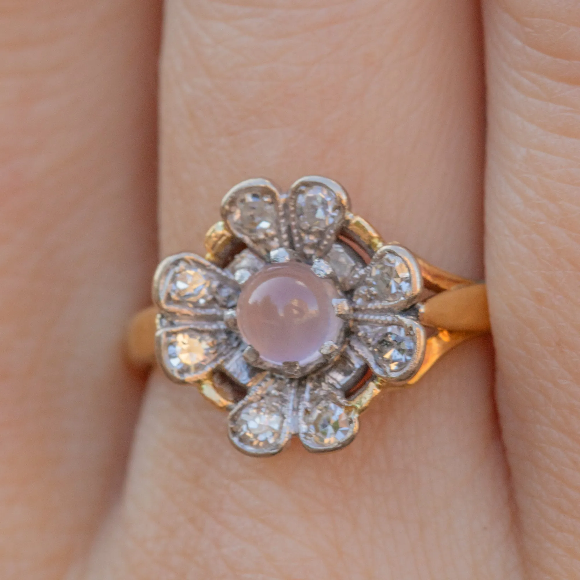 Antique 18ct Gold Moonstone Diamond Flower Ring