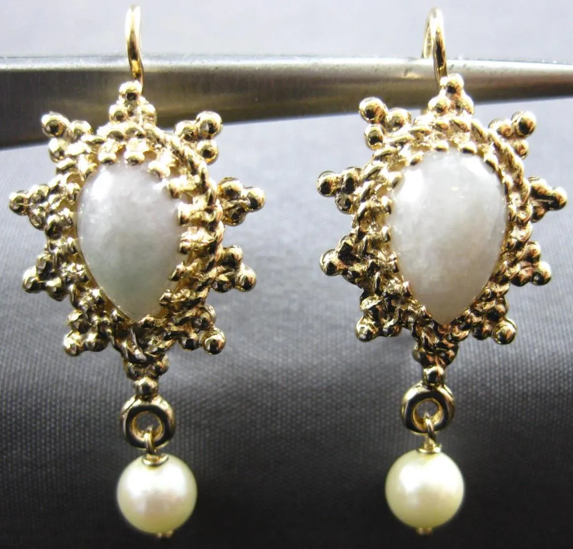 ANTIQUE AAA JADE & SOUTH SEA PEARL 14KT YELLOW GOLD TEAR DROP HANGING EARRINGS