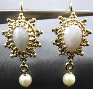 ANTIQUE AAA JADE & SOUTH SEA PEARL 14KT YELLOW GOLD TEAR DROP HANGING EARRINGS