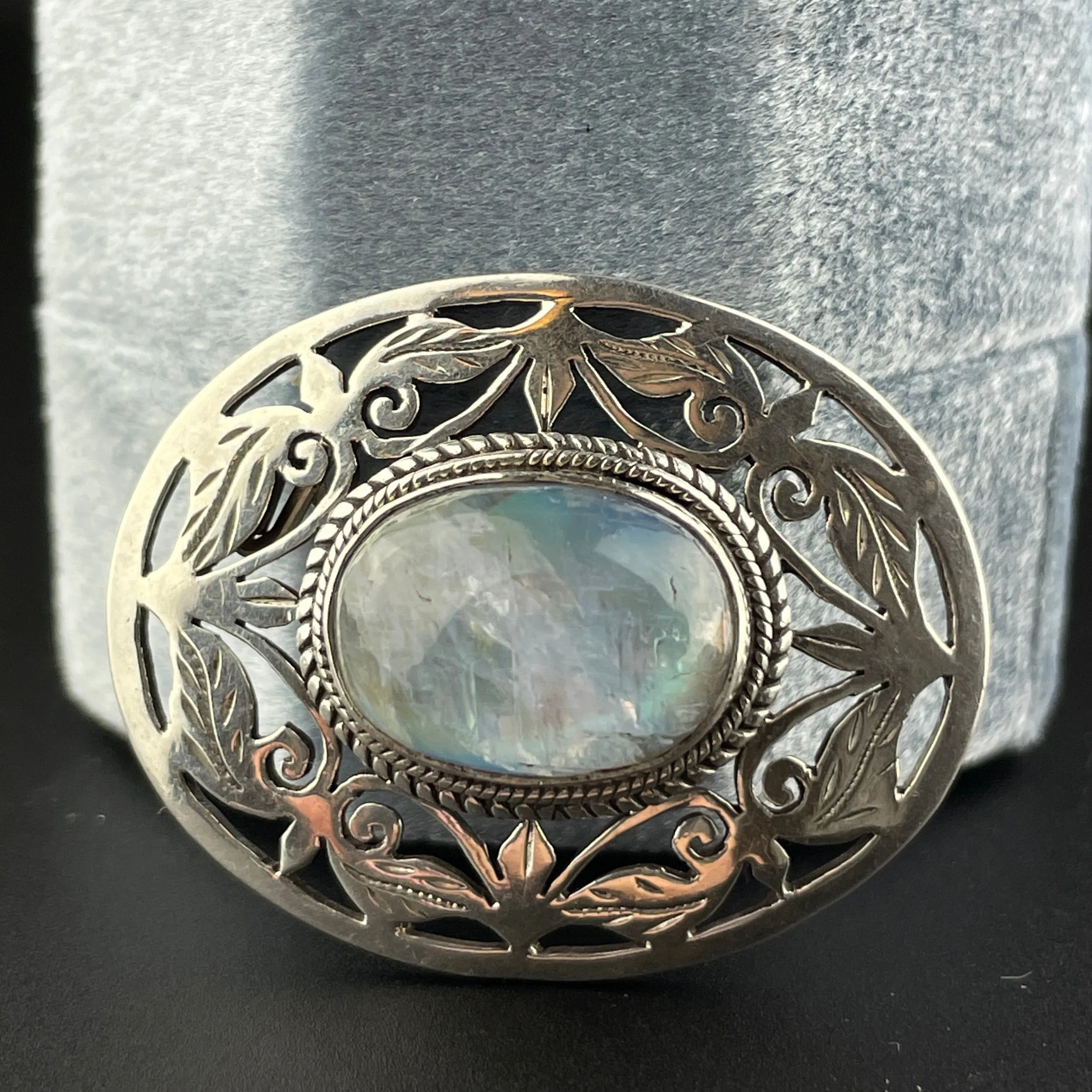 Antique Silver Leaf Rainbow Moonstone Brooch Pin