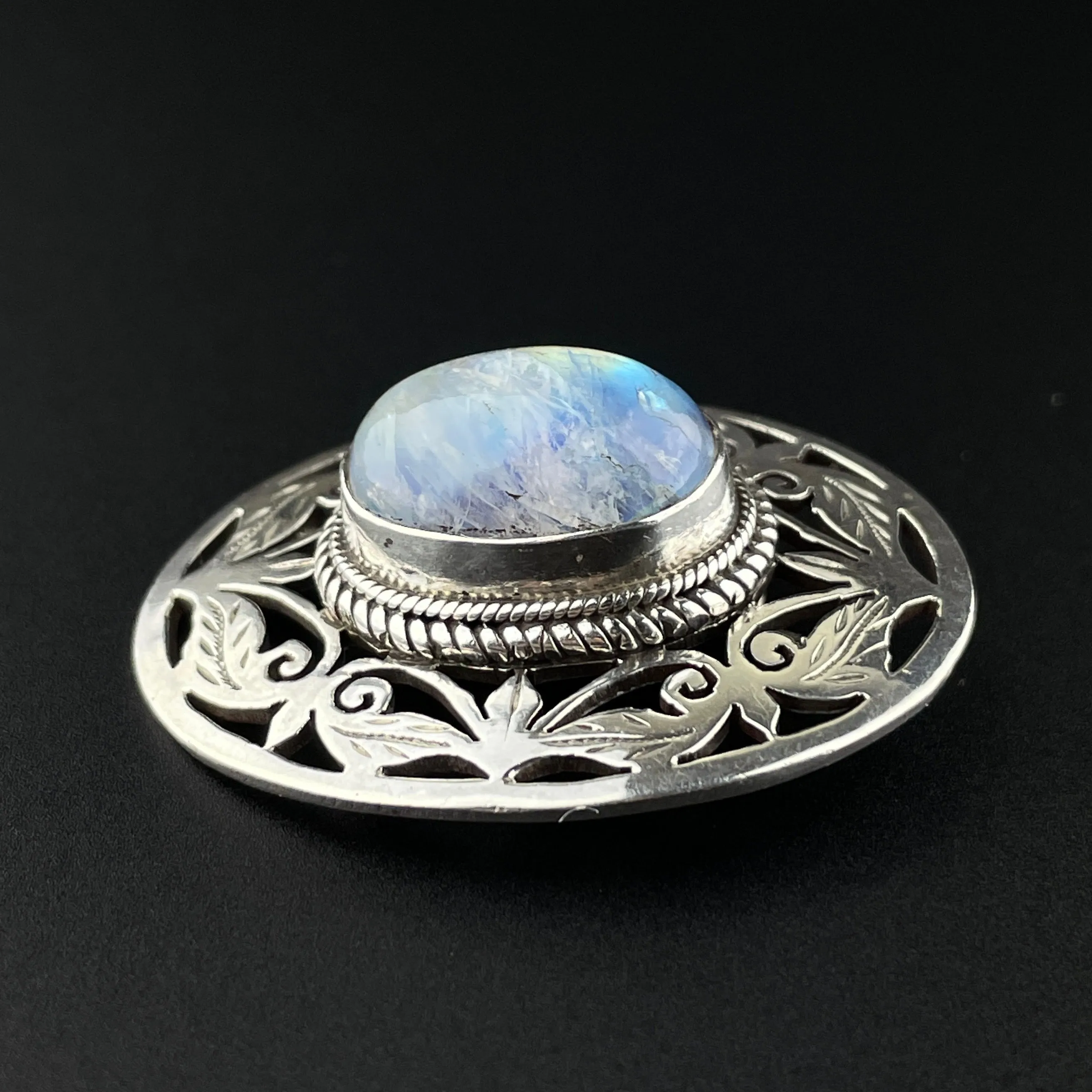 Antique Silver Leaf Rainbow Moonstone Brooch Pin