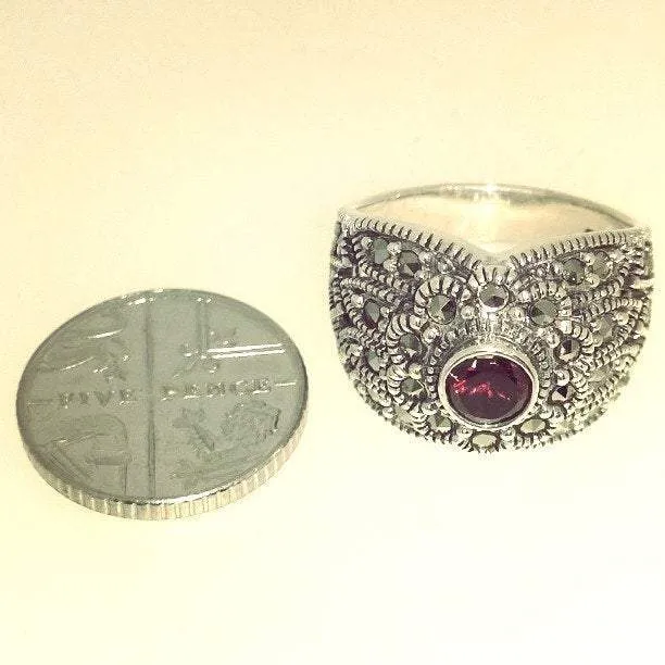 Art Deco Ring Silver Red Garnet Marcasite