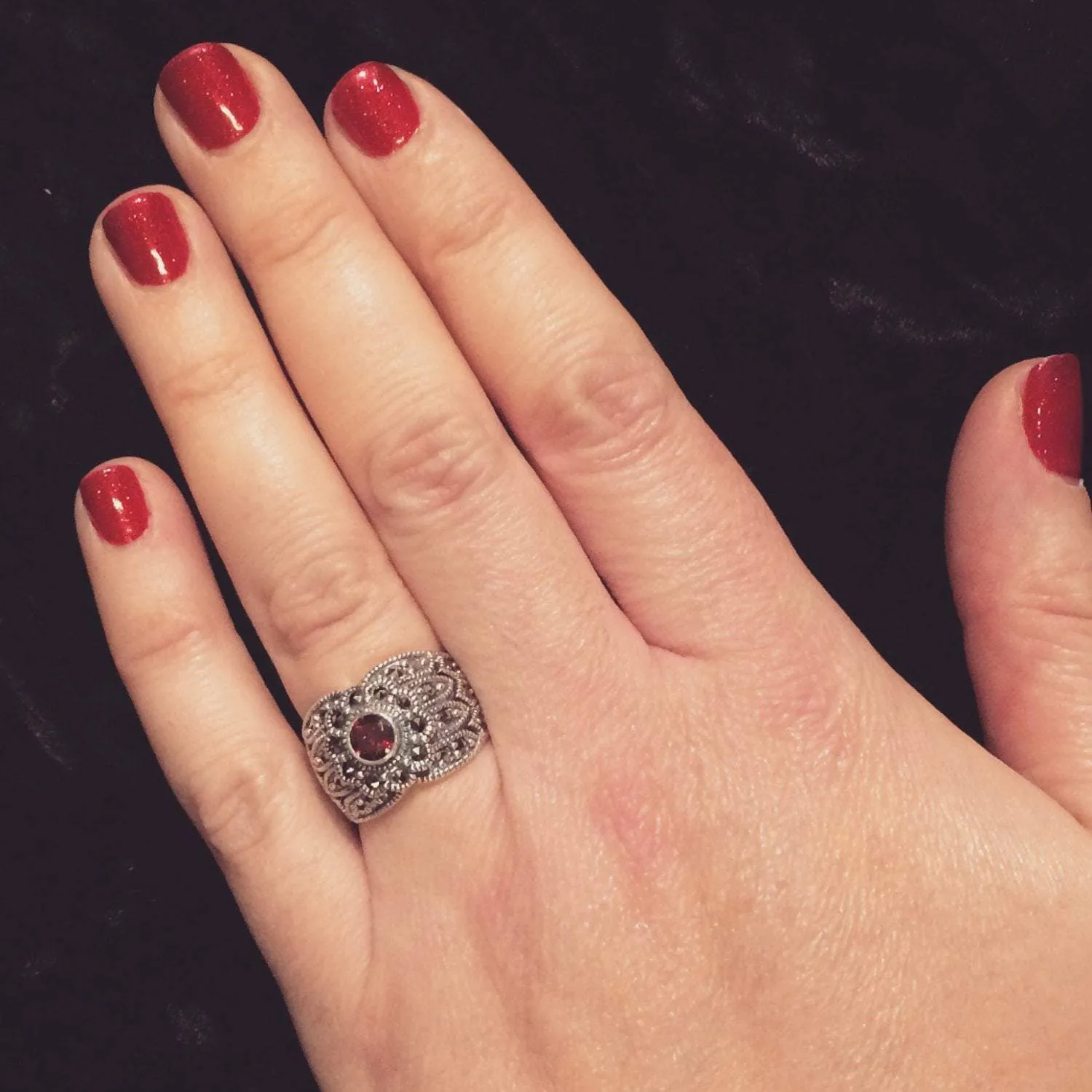 Art Deco Ring Silver Red Garnet Marcasite