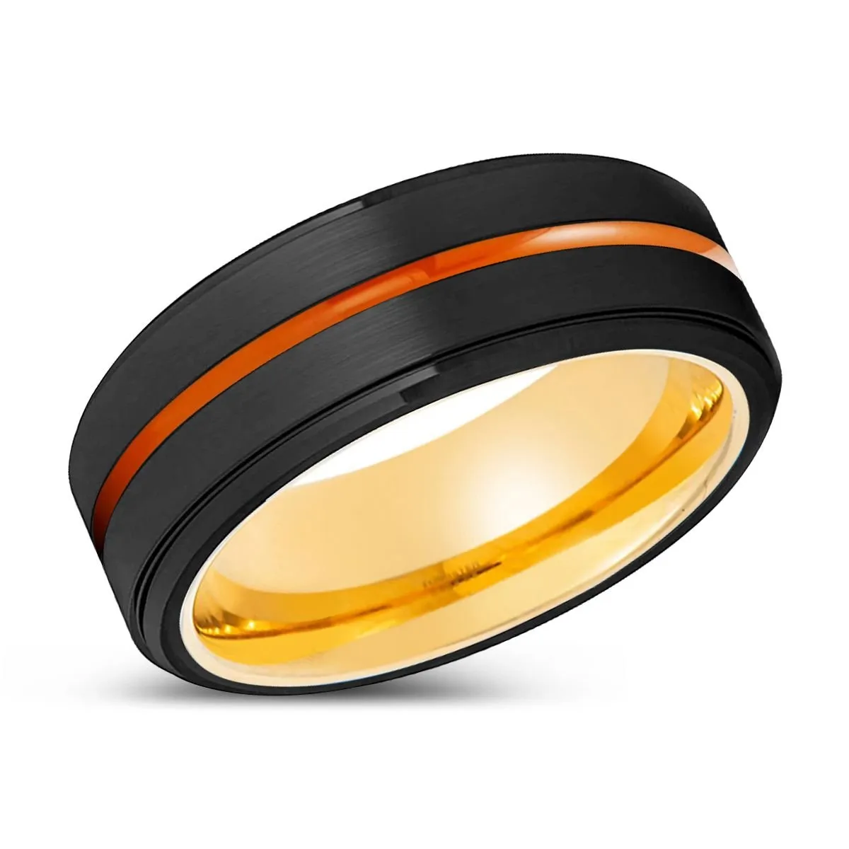 AURORA | Gold Ring, Black Tungsten Ring, Orange Groove, Stepped Edge