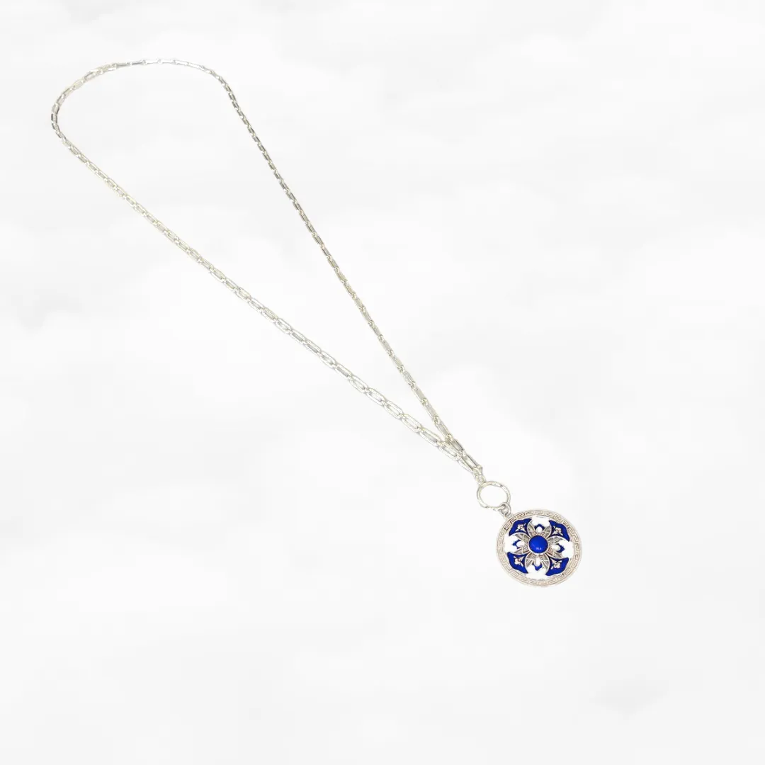 Auspicious Flower Enamel Pendant Necklace Silver