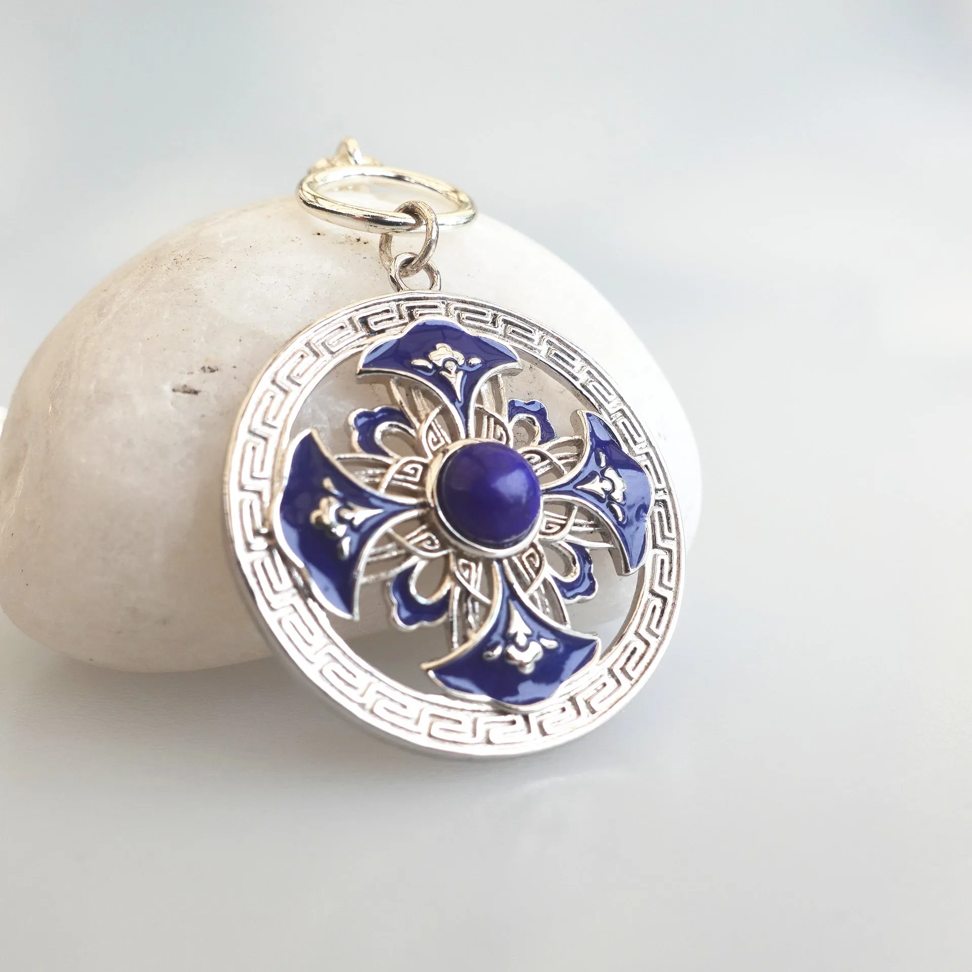 Auspicious Flower Enamel Pendant Necklace Silver