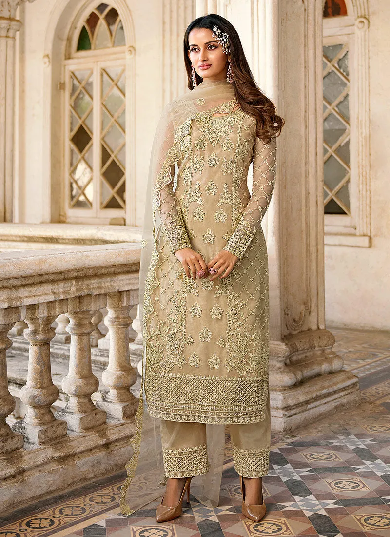 Beige Golden Pakistani Designer Pant Style Suit