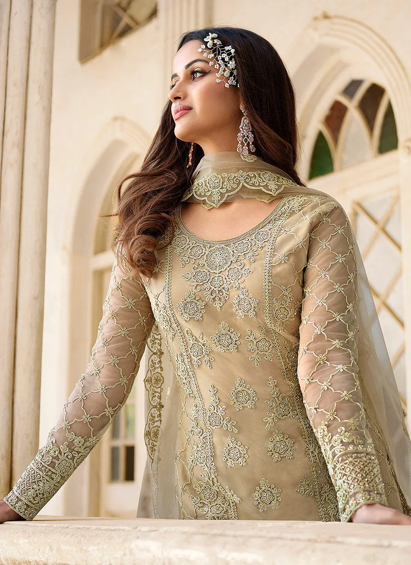 Beige Golden Pakistani Designer Pant Style Suit