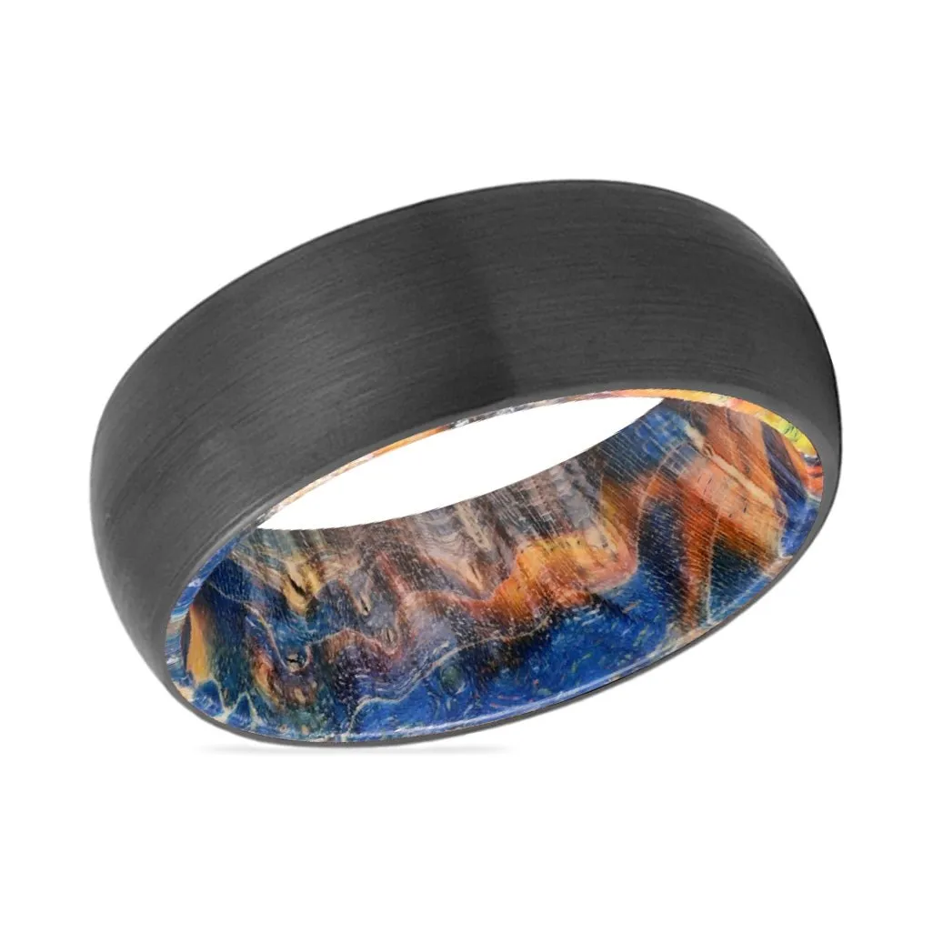 BEVERLY | Blue & Yellow/Orange Wood, Black Tungsten Ring, Brushed, Domed