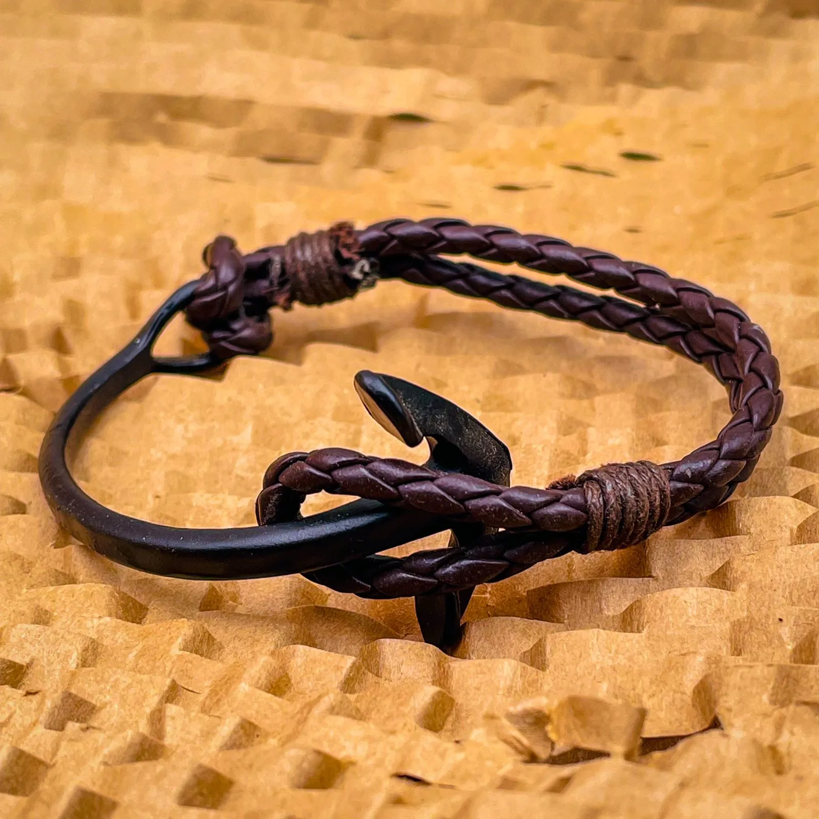 Black Anchor Strand Half Vegan PU Leather Kada Bracelet for Men Women