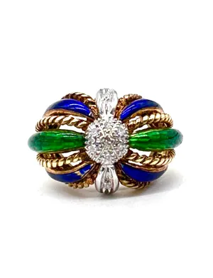 Blue and Green Enamel 18 Karat Dome Ring