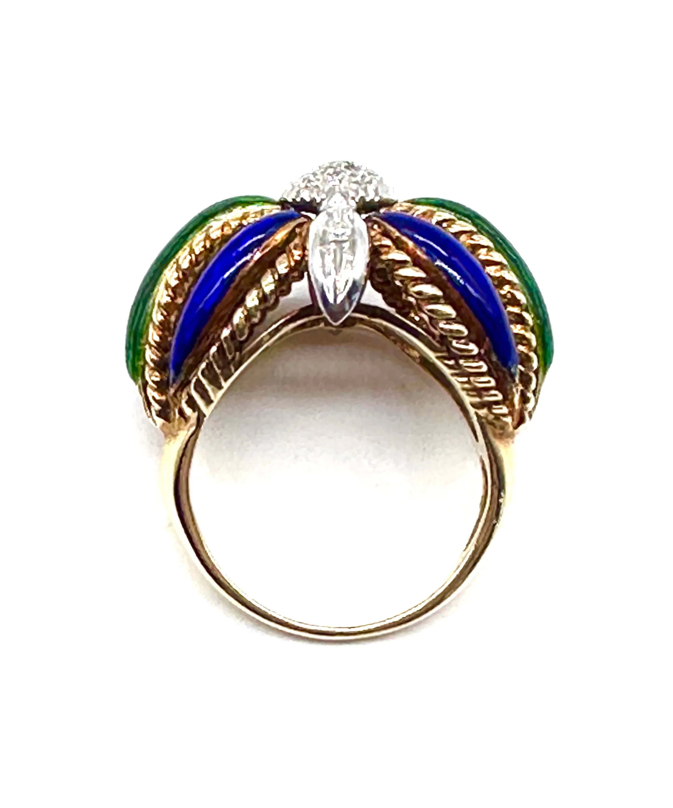 Blue and Green Enamel 18 Karat Dome Ring