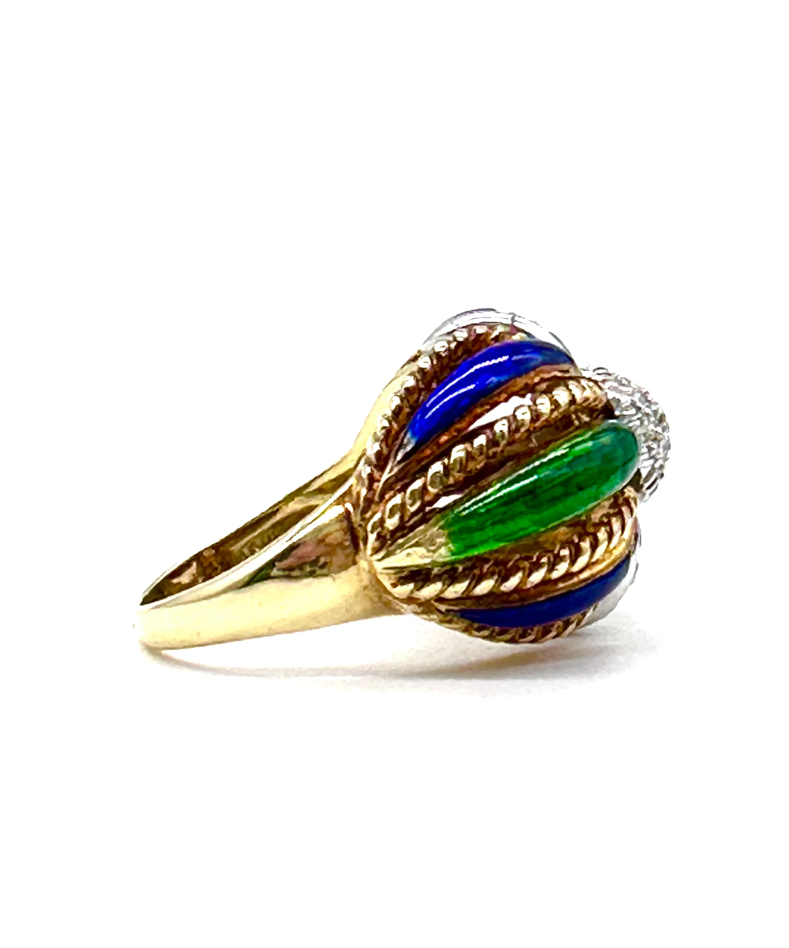 Blue and Green Enamel 18 Karat Dome Ring