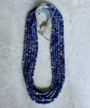 Blue Imperial Jasper Heishi 6-Strand Necklace with Iolite, Czech Glass, Oxidized Sterling Silver Rounds, and a Sterling Silver Toggle Clasp