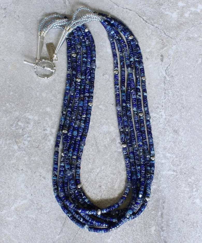 Blue Imperial Jasper Heishi 6-Strand Necklace with Iolite, Czech Glass, Oxidized Sterling Silver Rounds, and a Sterling Silver Toggle Clasp