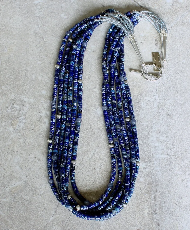 Blue Imperial Jasper Heishi 6-Strand Necklace with Iolite, Czech Glass, Oxidized Sterling Silver Rounds, and a Sterling Silver Toggle Clasp