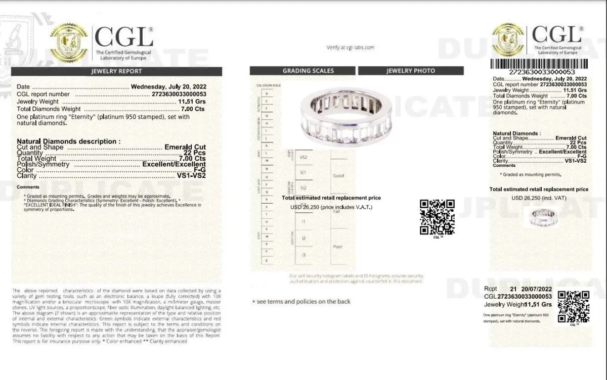 Certified 7.00CT Emerald Cut Diamond Eternity Ring in Platinum