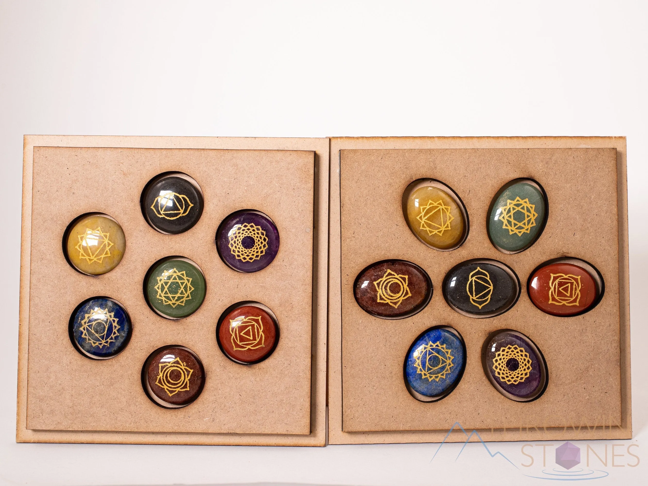 CHAKRA Crystals in Crystal Grid Board Wooden Box - Flower of Life - Healing Crystals Set, Self Care Box, Beginner Crystal Kit, E1756