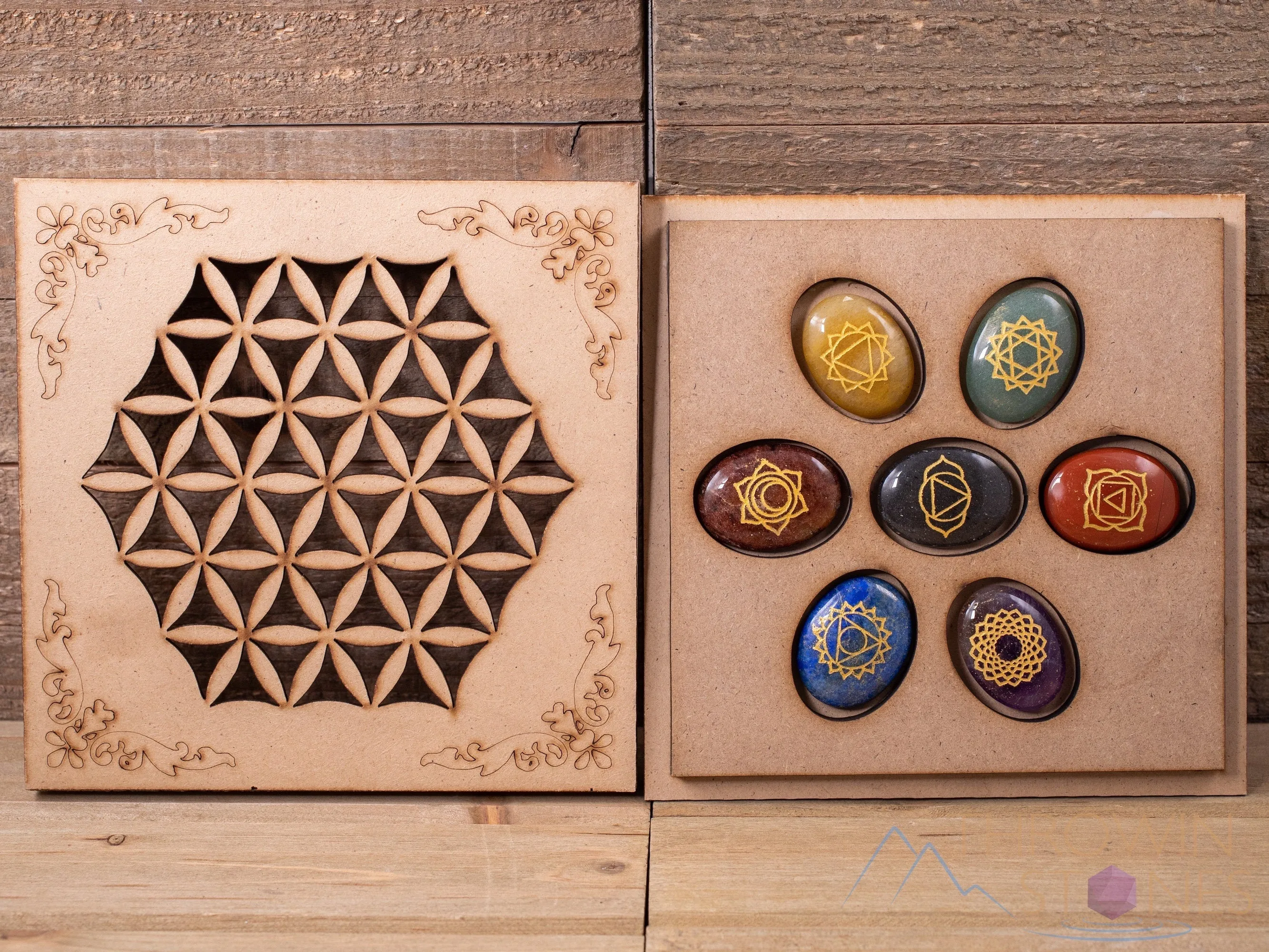 CHAKRA Crystals in Crystal Grid Board Wooden Box - Flower of Life - Healing Crystals Set, Self Care Box, Beginner Crystal Kit, E1756