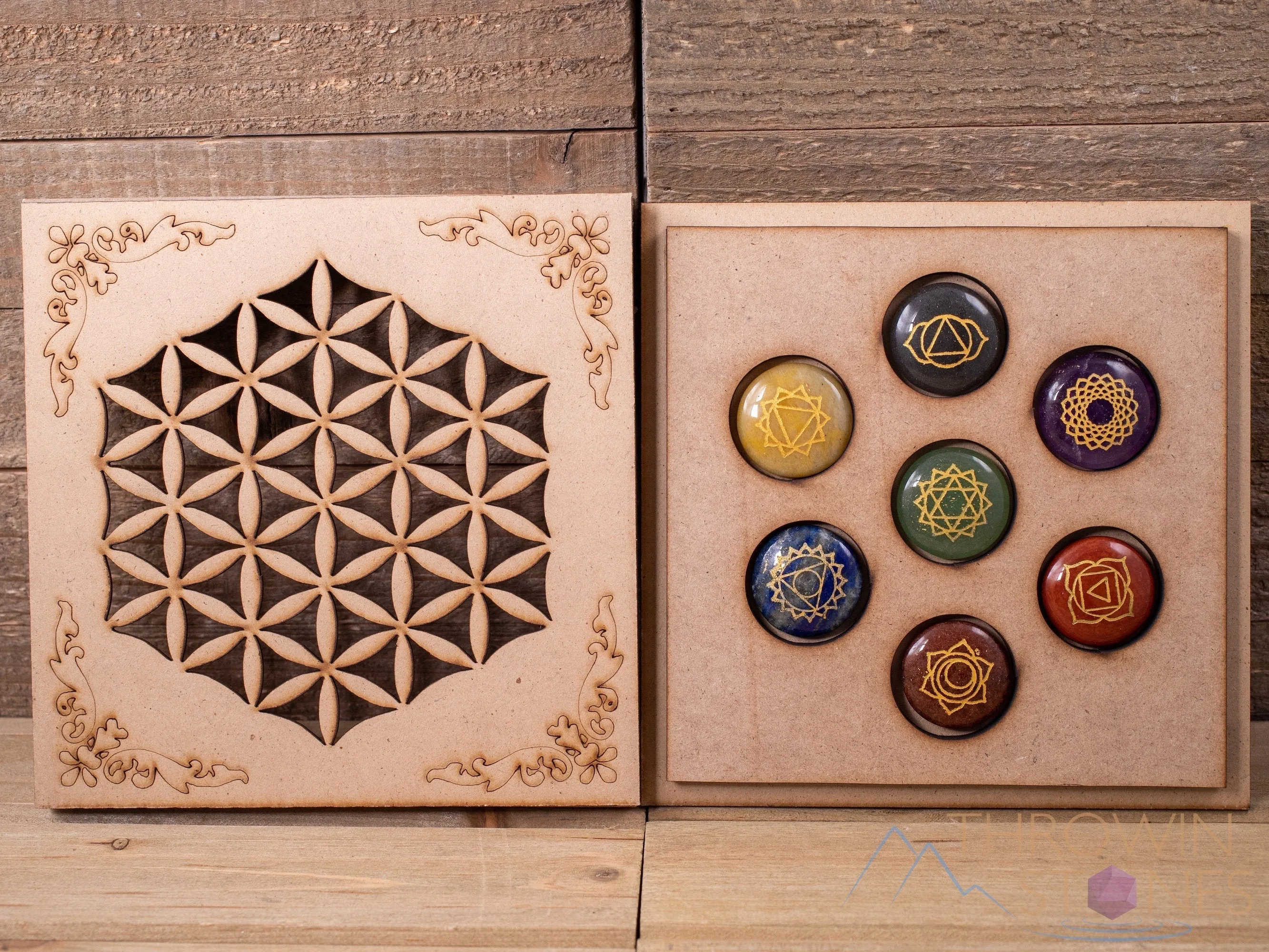 CHAKRA Crystals in Crystal Grid Board Wooden Box - Flower of Life - Healing Crystals Set, Self Care Box, Beginner Crystal Kit, E1756