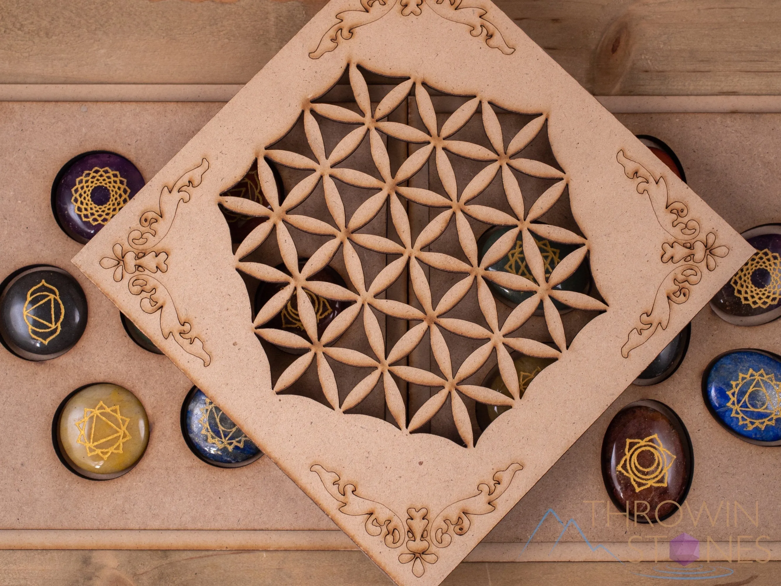 CHAKRA Crystals in Crystal Grid Board Wooden Box - Flower of Life - Healing Crystals Set, Self Care Box, Beginner Crystal Kit, E1756