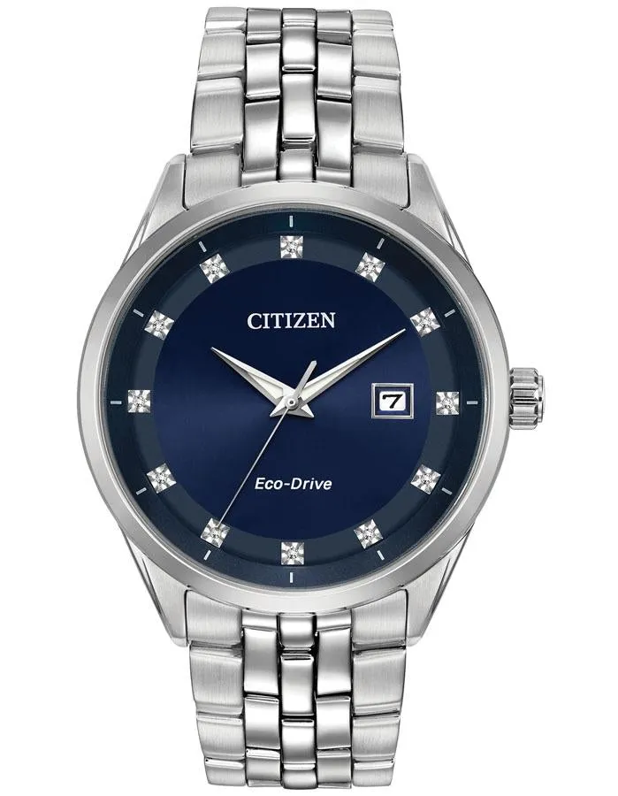 Citizen Eco-Drive Mens Corso - Stainless Steel - Diamonds - Blue - Bracelet