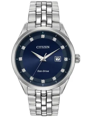 Citizen Eco-Drive Mens Corso - Stainless Steel - Diamonds - Blue - Bracelet