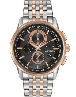 Citizen Mens Eco-Drive World Chronograph AT - Two-Tone - Black Dial - Bracelet