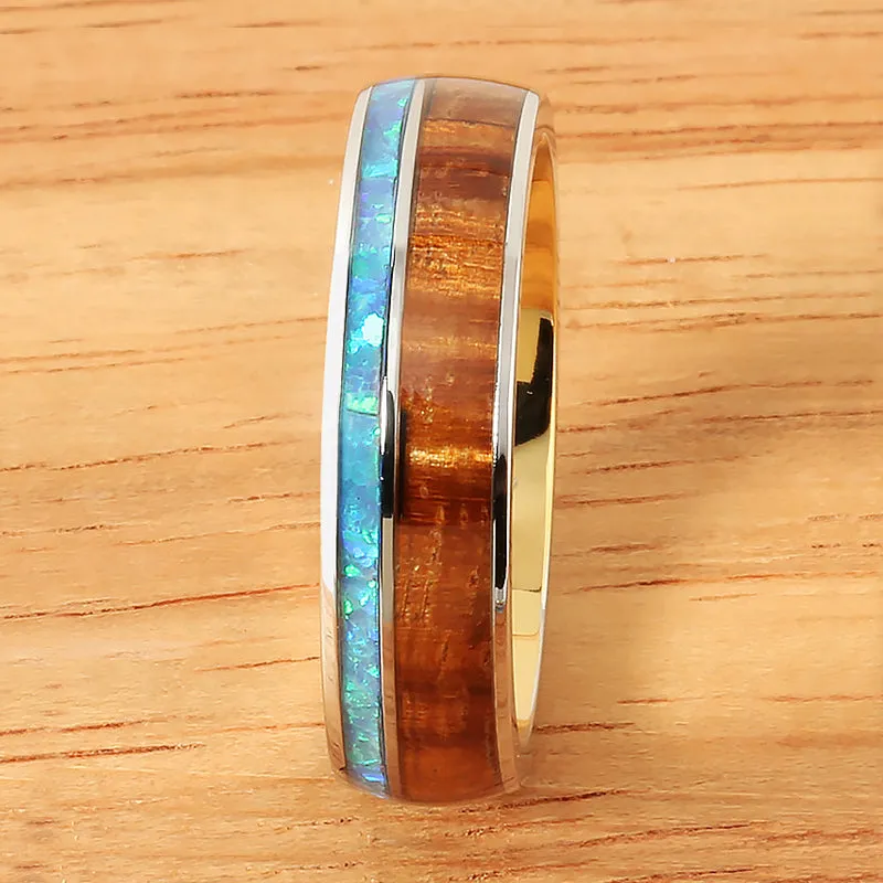 Cobalt Two-Tone Yellow Gold Plated Curly Koa Wood and Opal Oval Wedding Ring 6mm