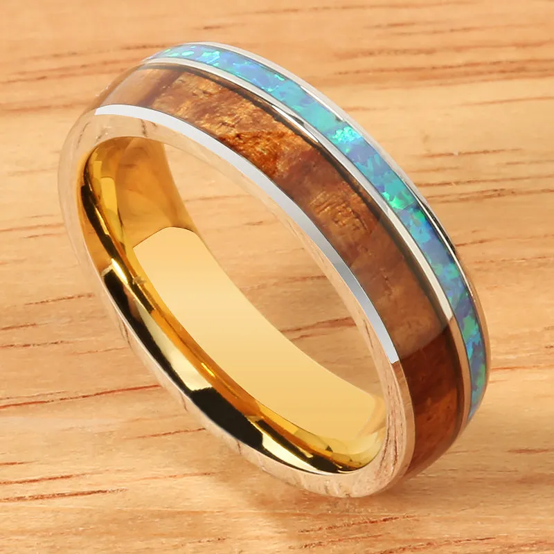 Cobalt Two-Tone Yellow Gold Plated Curly Koa Wood and Opal Oval Wedding Ring 6mm