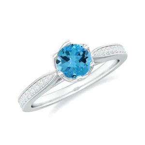 Decorative Prong Set Swiss Blue Topaz Solitaire Ring with Diamond Side Stones