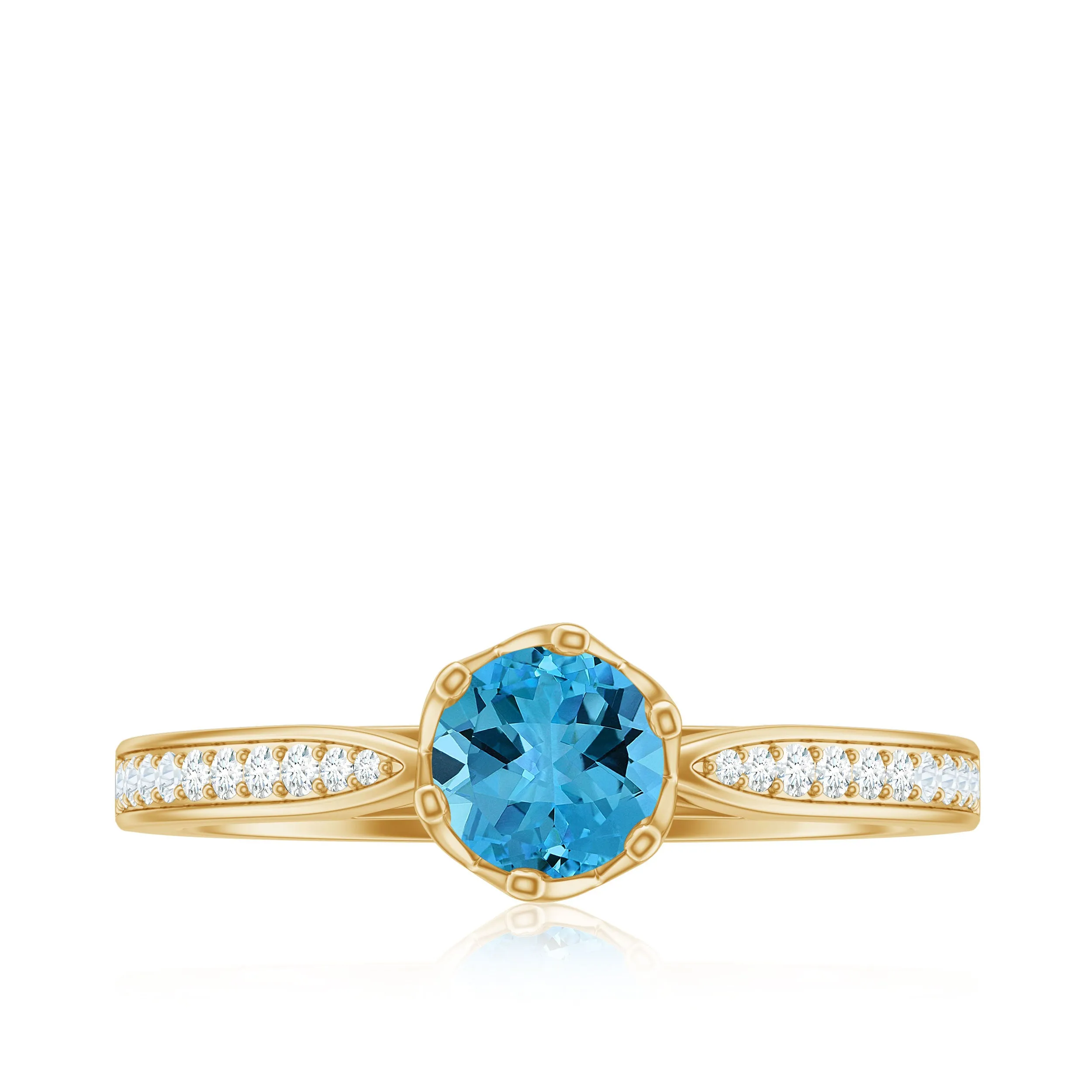 Decorative Prong Set Swiss Blue Topaz Solitaire Ring with Diamond Side Stones