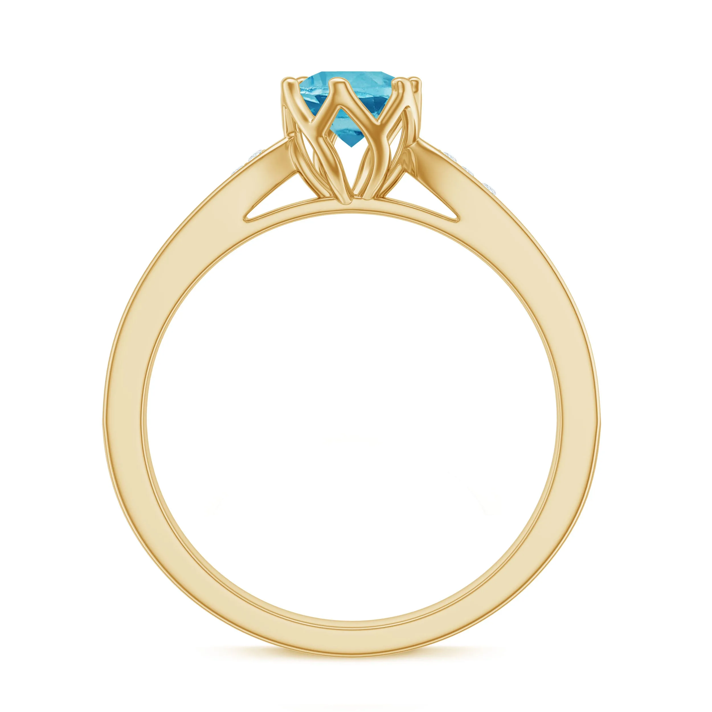 Decorative Prong Set Swiss Blue Topaz Solitaire Ring with Diamond Side Stones