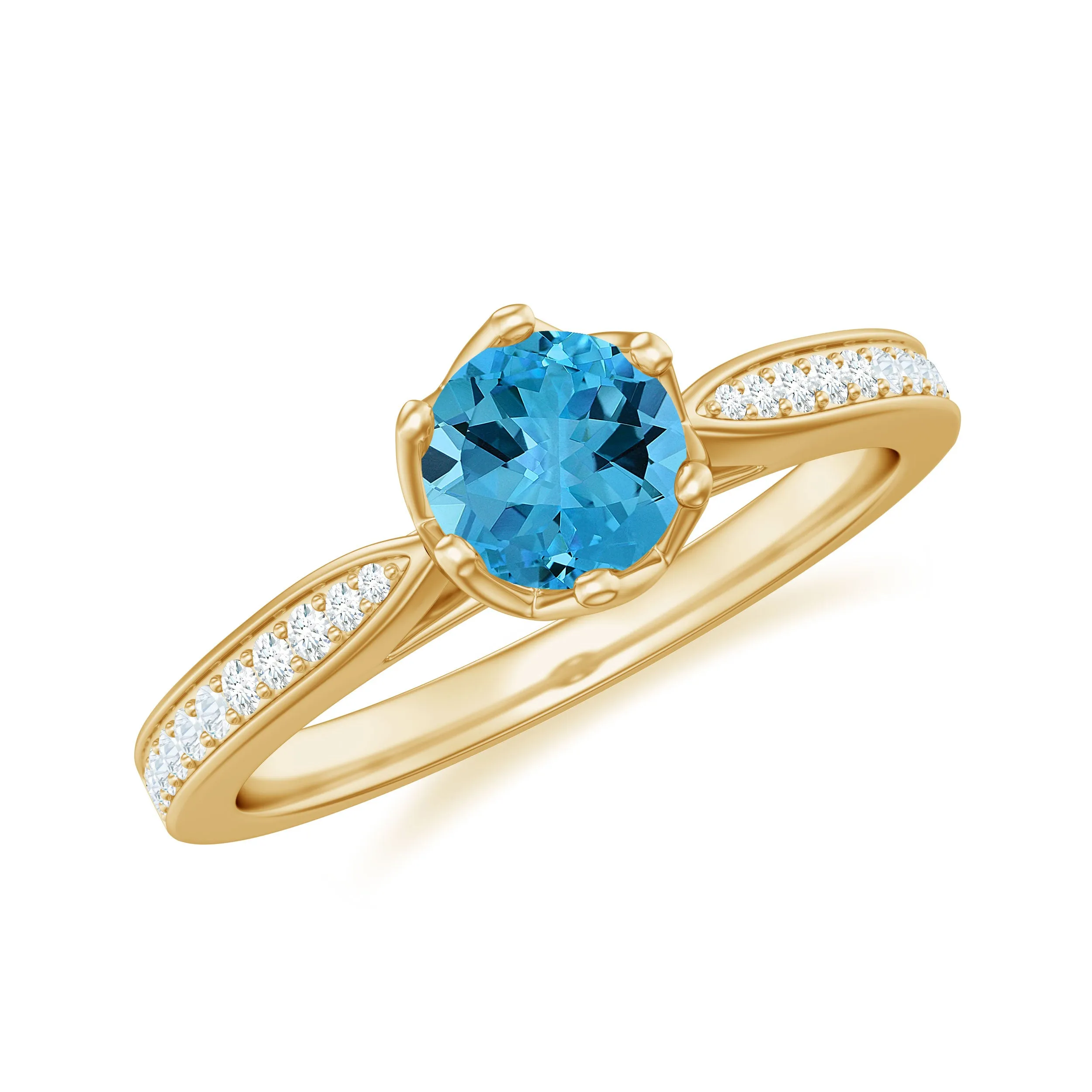 Decorative Prong Set Swiss Blue Topaz Solitaire Ring with Diamond Side Stones