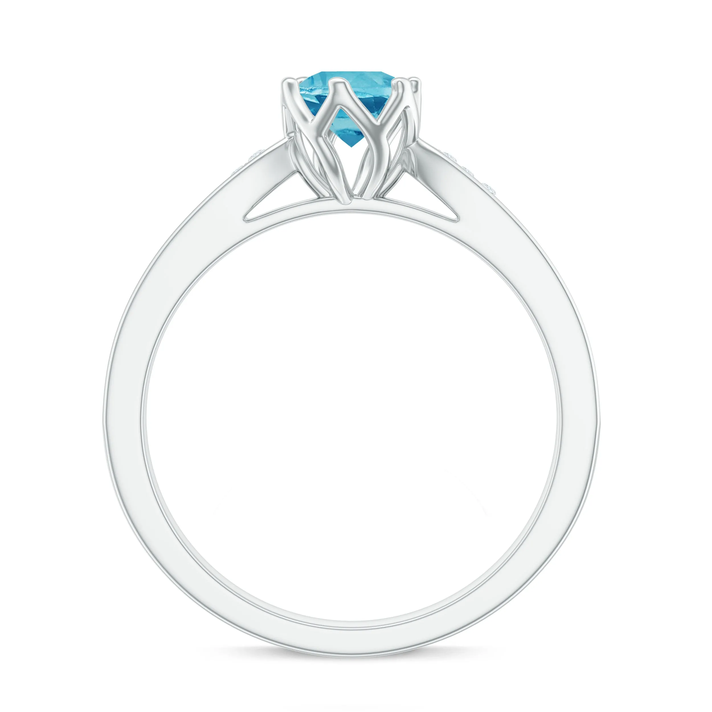 Decorative Prong Set Swiss Blue Topaz Solitaire Ring with Diamond Side Stones