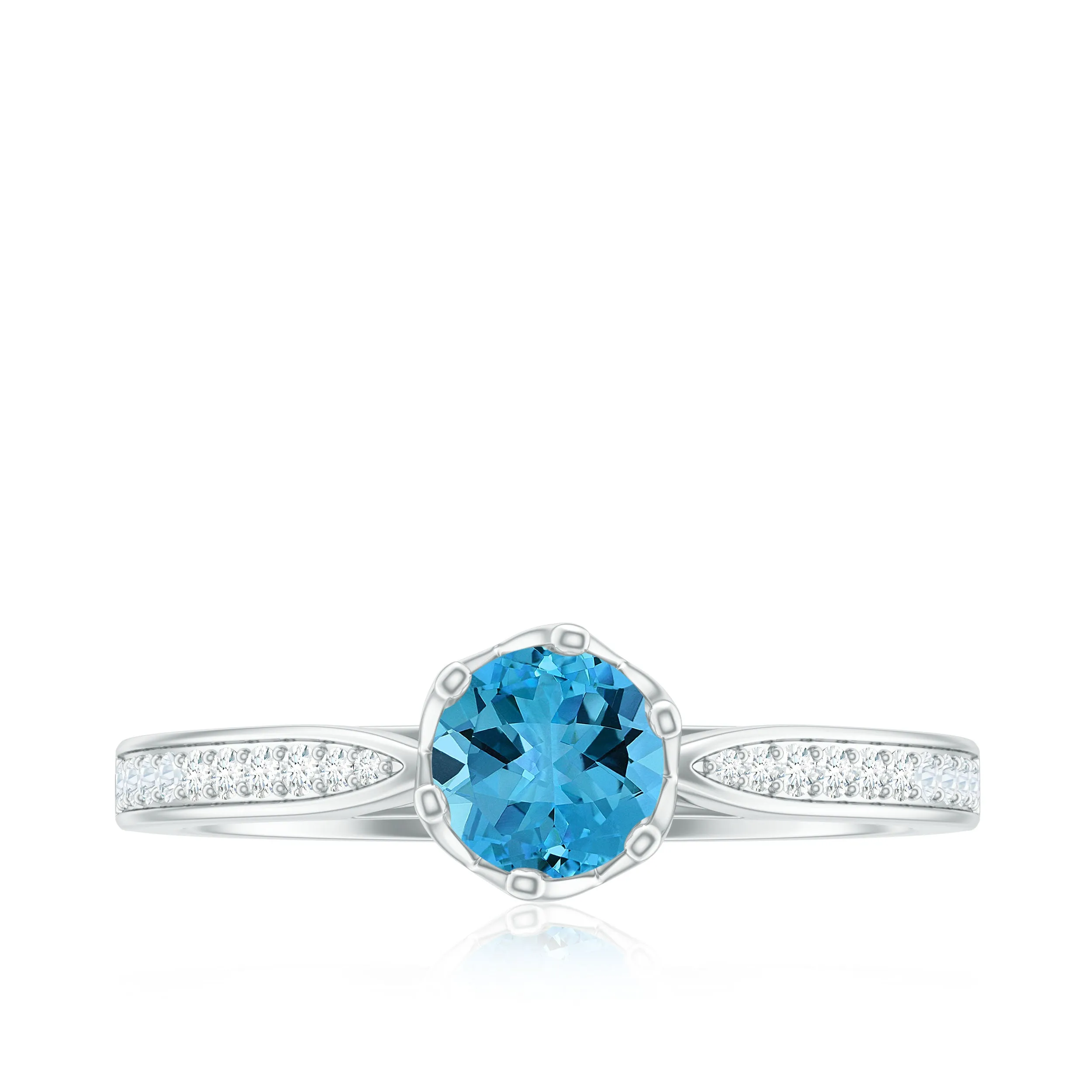 Decorative Prong Set Swiss Blue Topaz Solitaire Ring with Diamond Side Stones