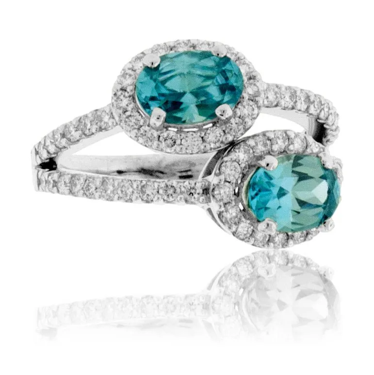 Double Oval Blue Zircon & Diamond Ring