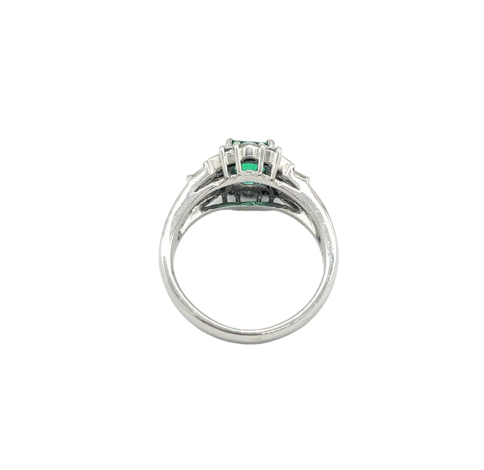 Emerald and Diamond Split Shank Platinum Ring