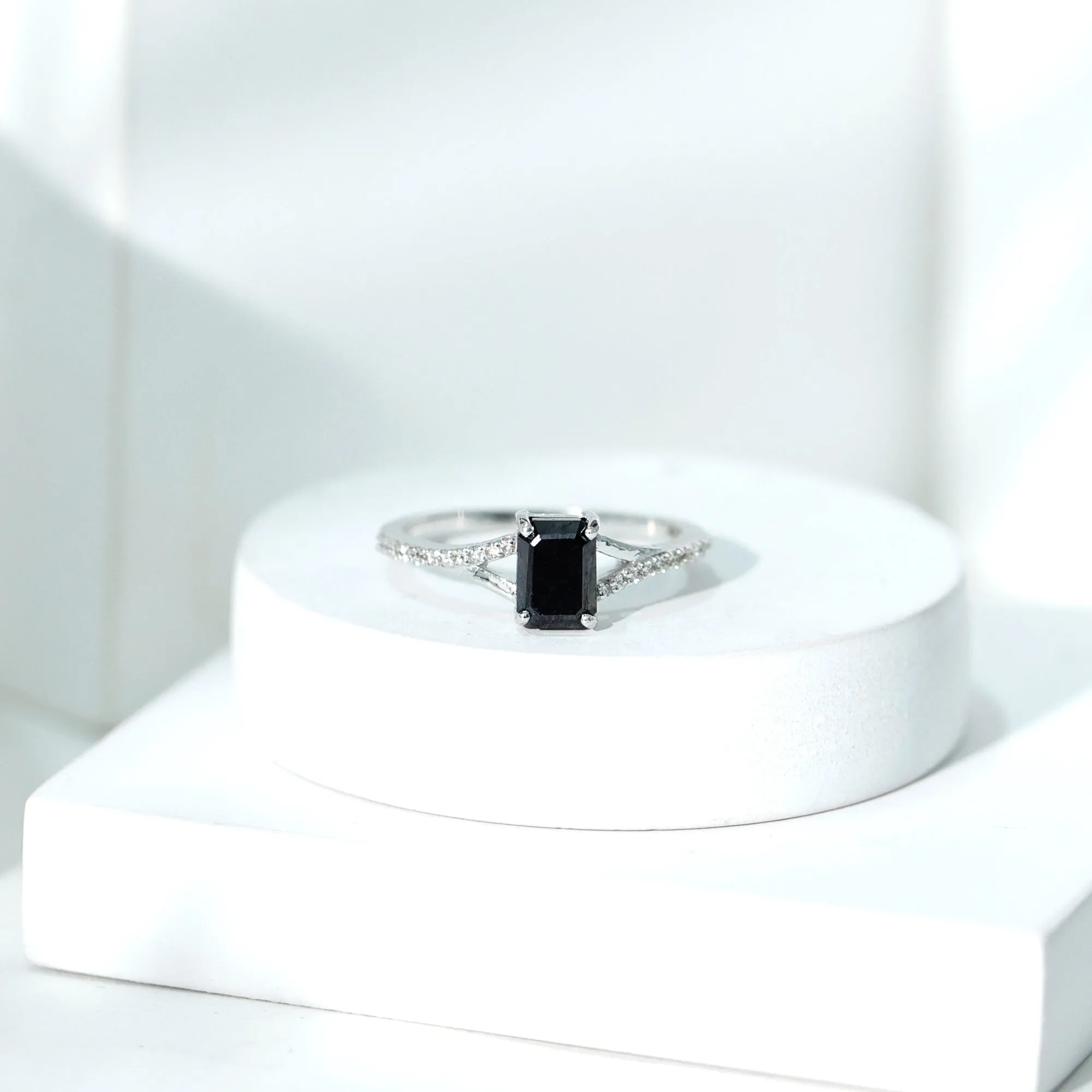 Emerald Cut Black Diamond Solitaire Engagement Ring with Diamond