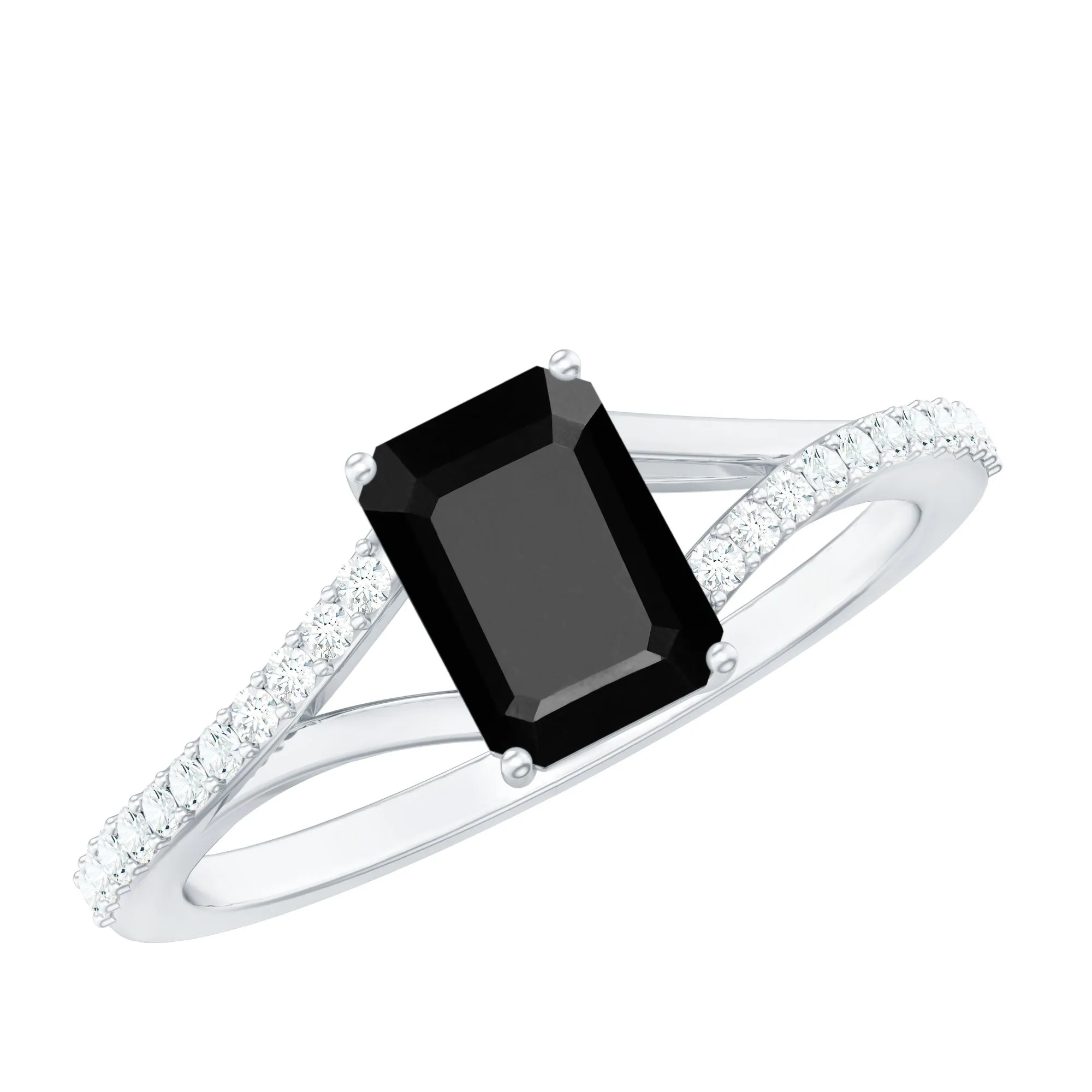 Emerald Cut Black Diamond Solitaire Engagement Ring with Diamond