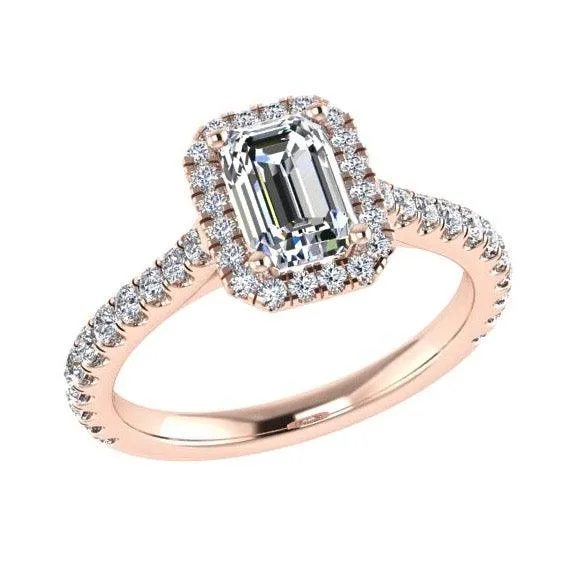 Emerald Cut Diamond Halo Engagement Ring 18K Gold 0.52cts