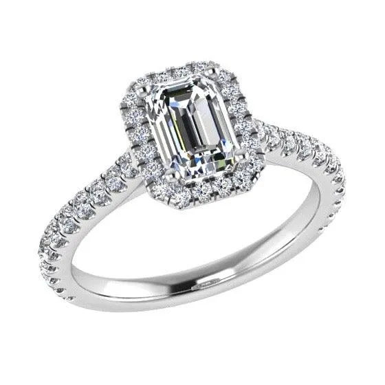 Emerald Cut Diamond Halo Engagement Ring 18K Gold 0.52cts