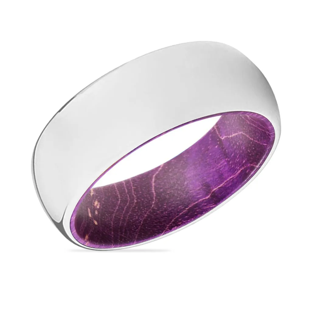 ETERNAL | Purple Wood, Silver Tungsten Ring, Shiny, Domed