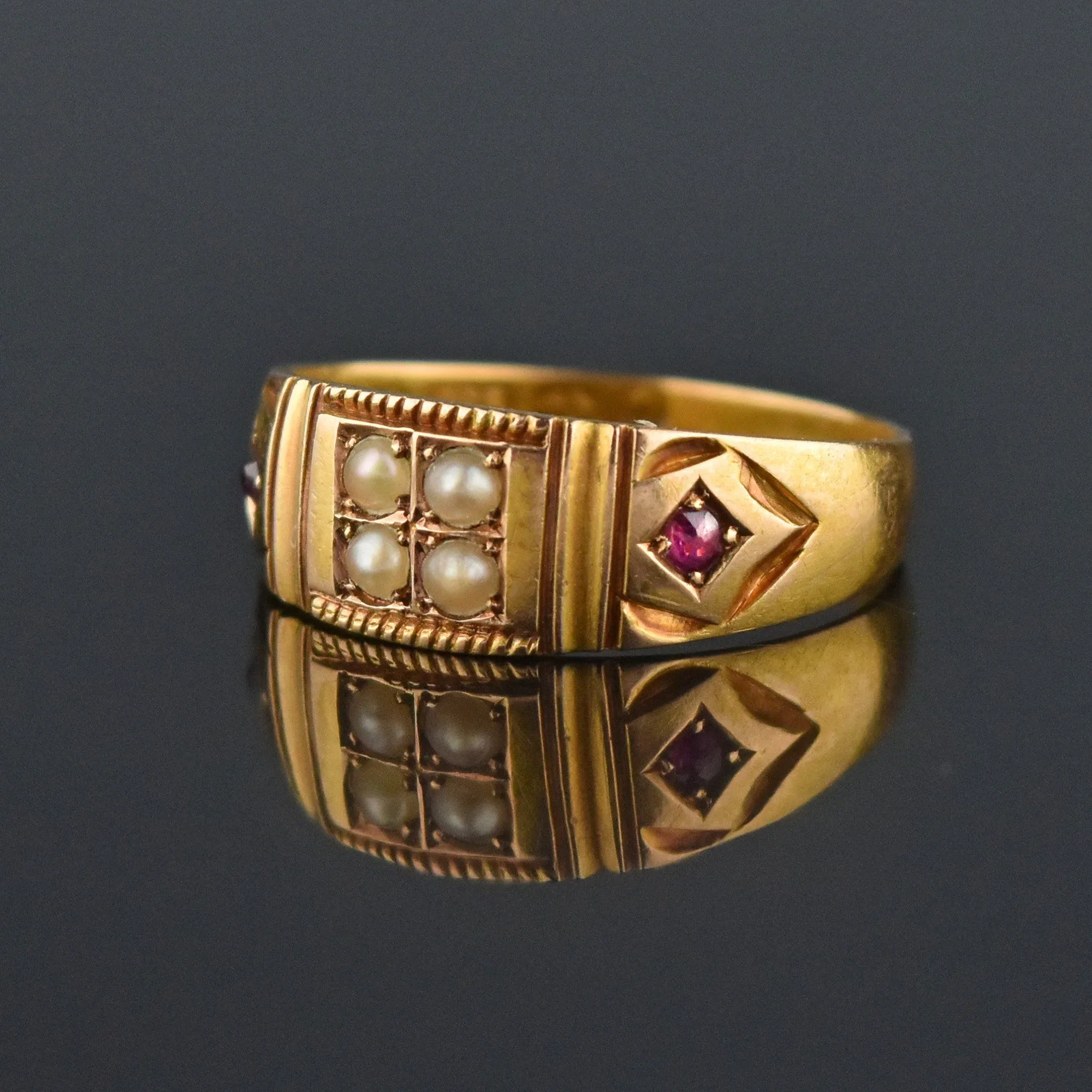 Final Payment Antique 15K Gold Ruby Pearl Gypsy Band Ring, C 1880s