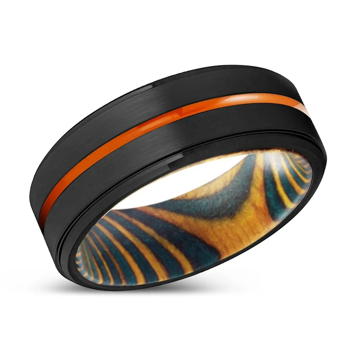 FONTANA | Green & Yellow Wood, Black Tungsten Ring, Orange Groove, Stepped Edge