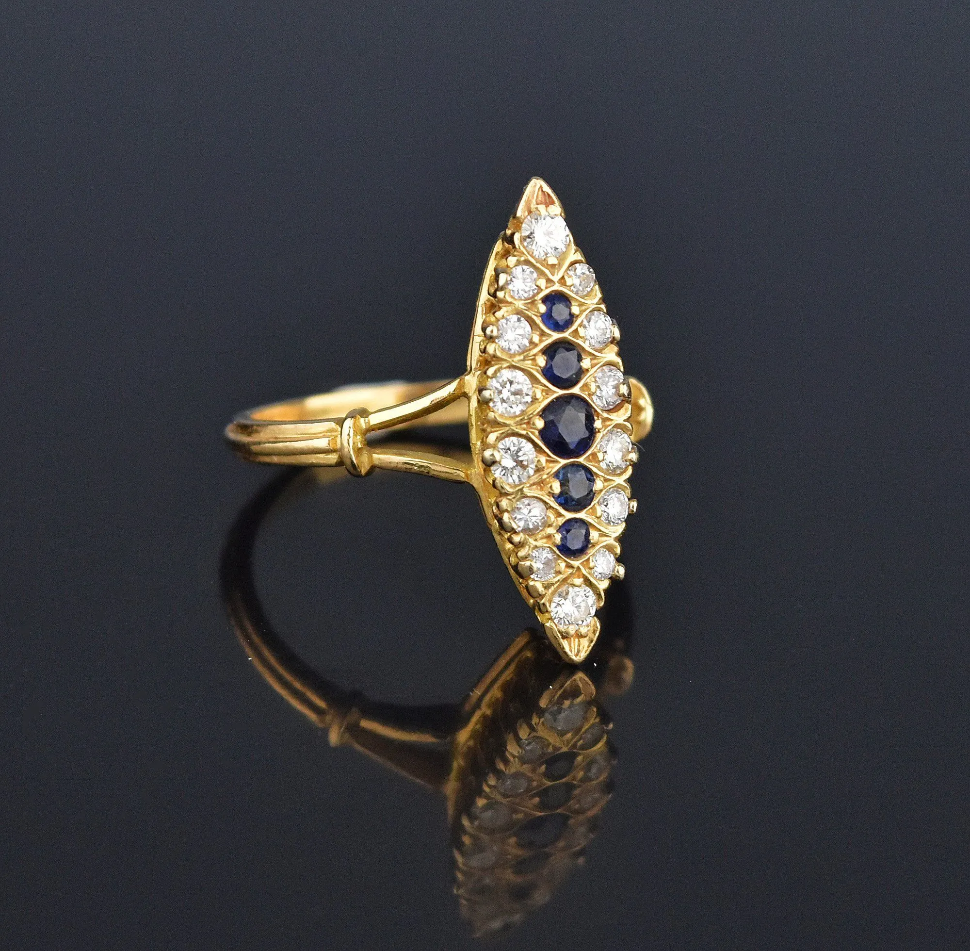 French 18K Gold Diamond Sapphire Navette Ring