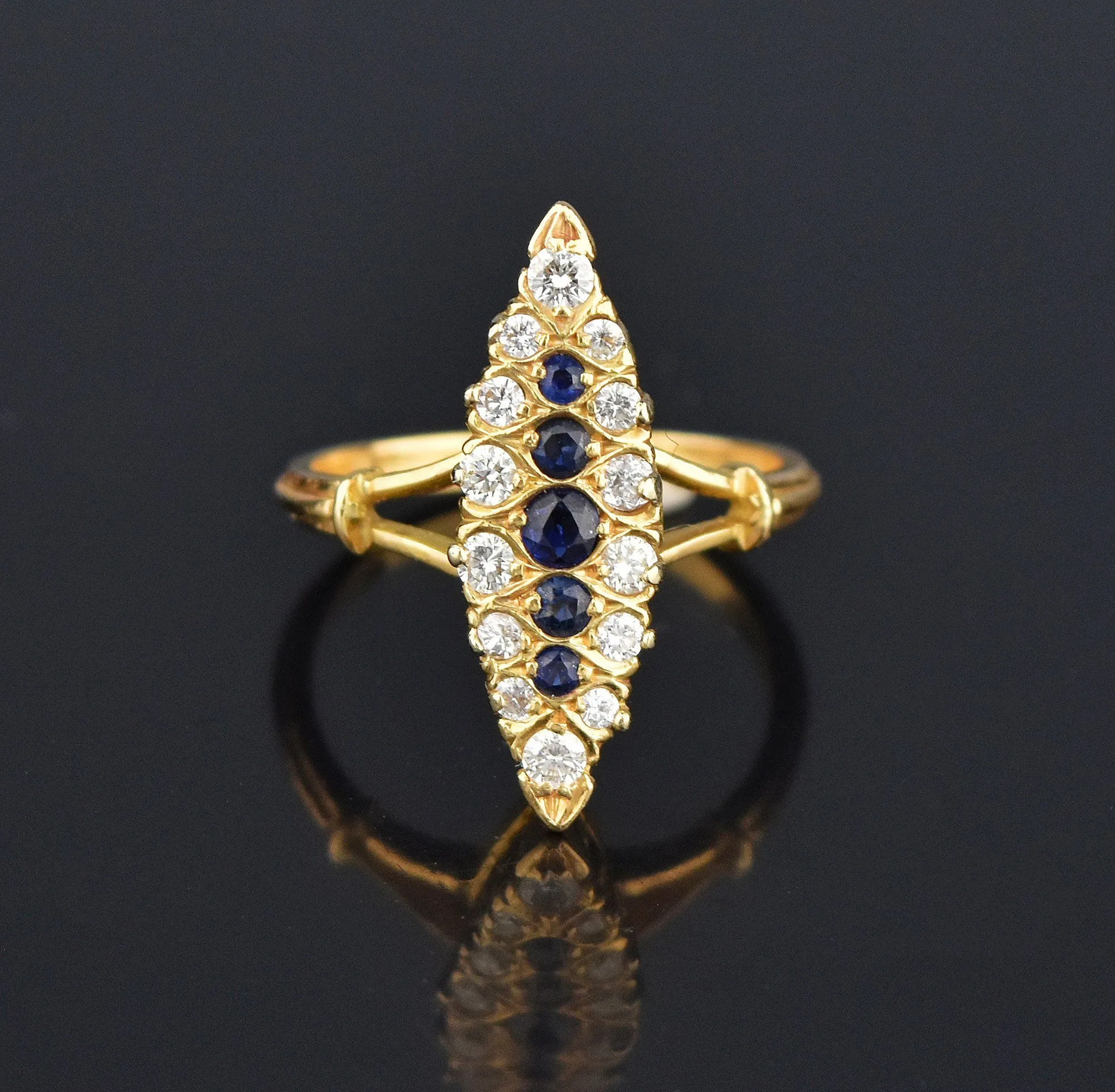 French 18K Gold Diamond Sapphire Navette Ring