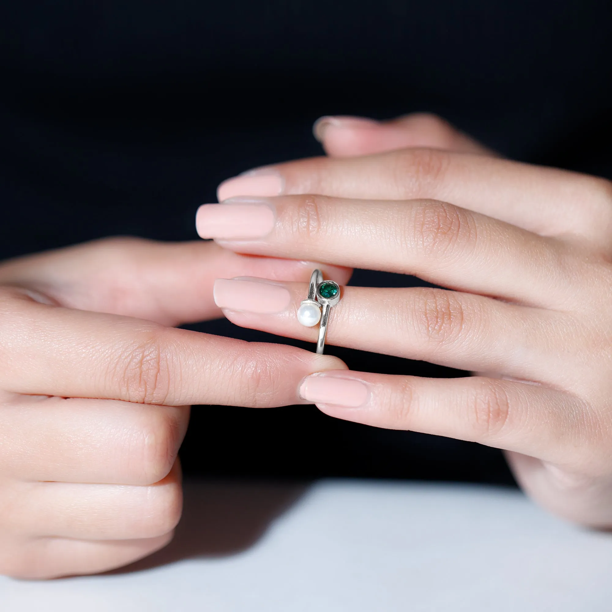 Freshwater Pearl and Created Emerald Wrap Ring in Silver