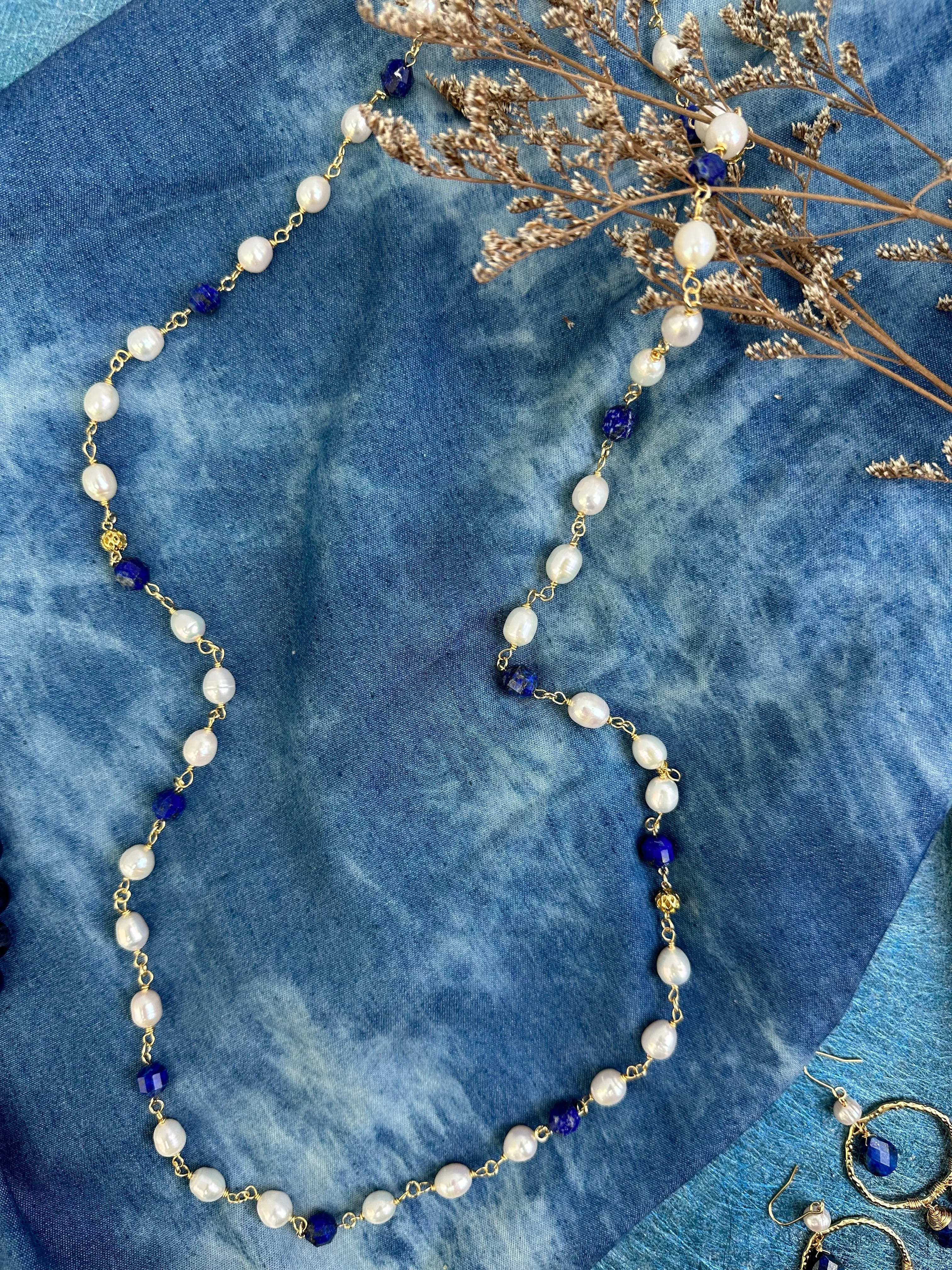 Freshwater Pearls With Lapis Multi-Way Necklace KN021