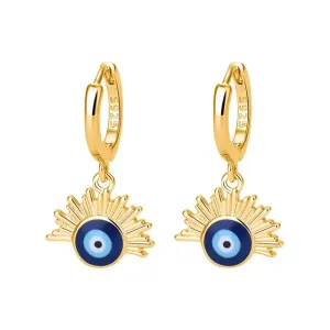 Gold Hoop Earrings with Blue Enamel Eye Pendant